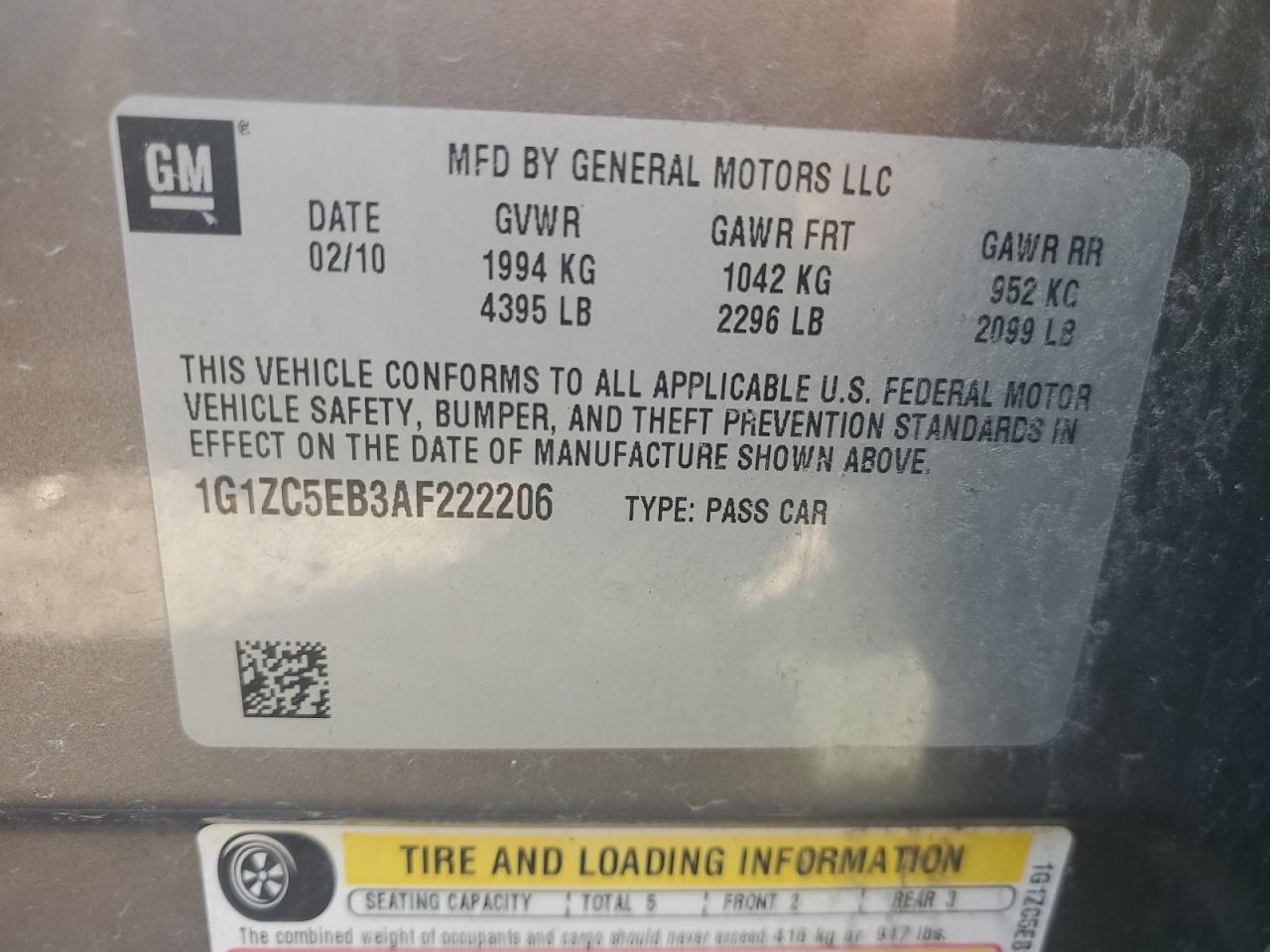 1G1ZC5EB3AF222206 2010 Chevrolet Malibu 1Lt