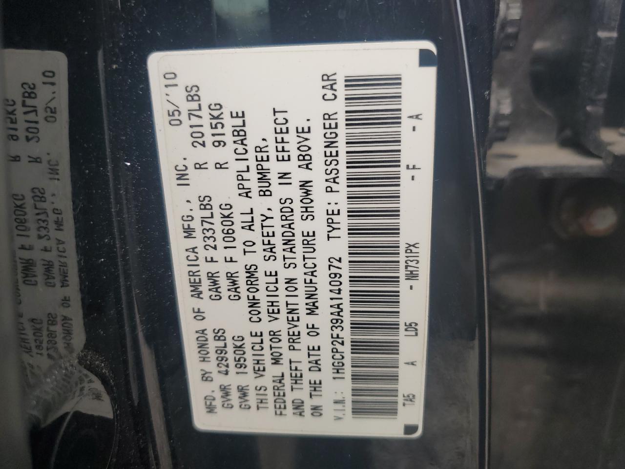 1HGCP2F39AA140972 2010 Honda Accord Lx