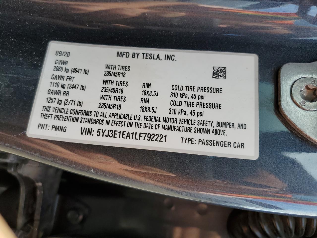 5YJ3E1EA1LF792221 2020 Tesla Model 3