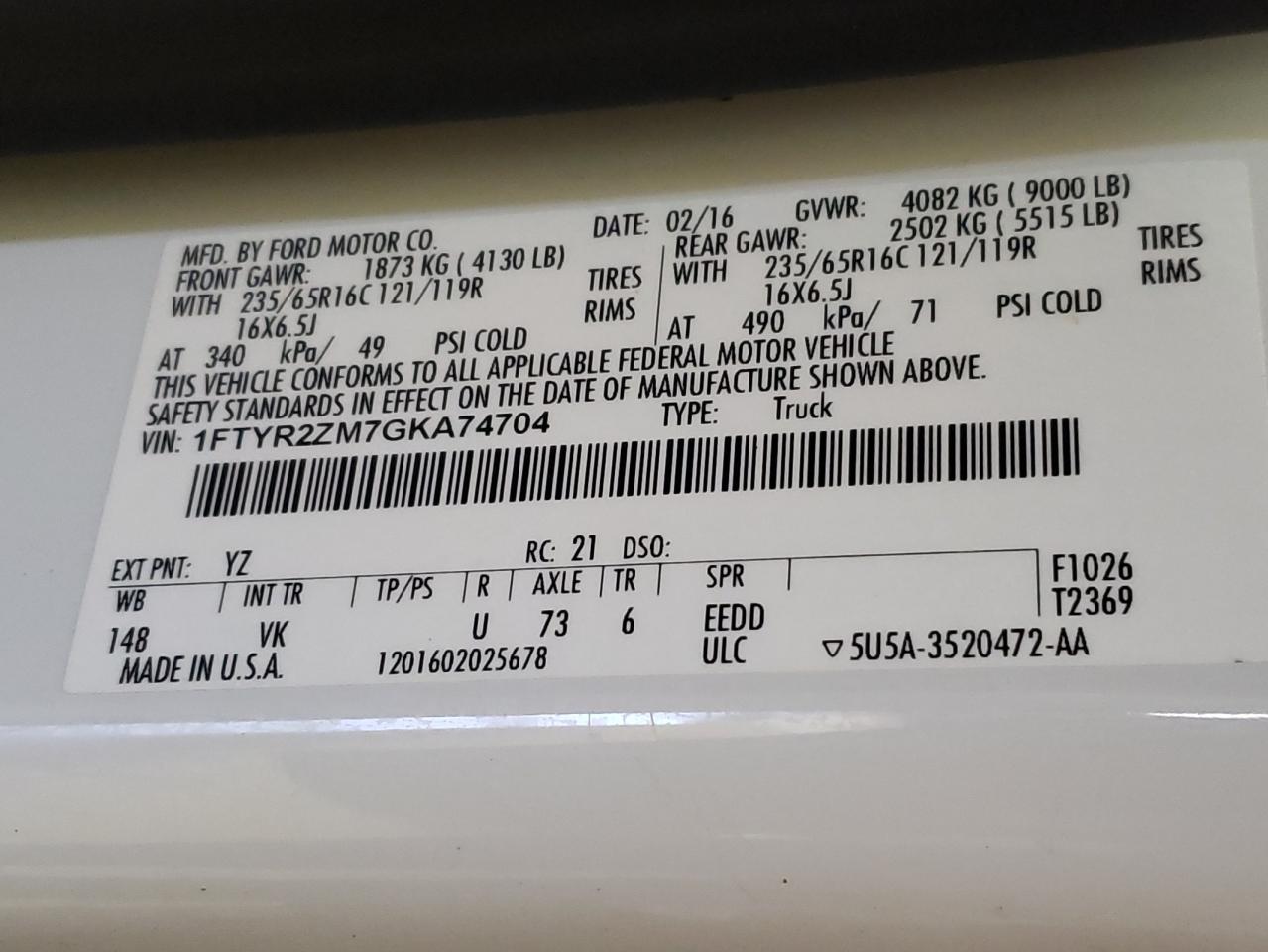 1FTYR2ZM7GKA74704 FORD TRANSIT 2016