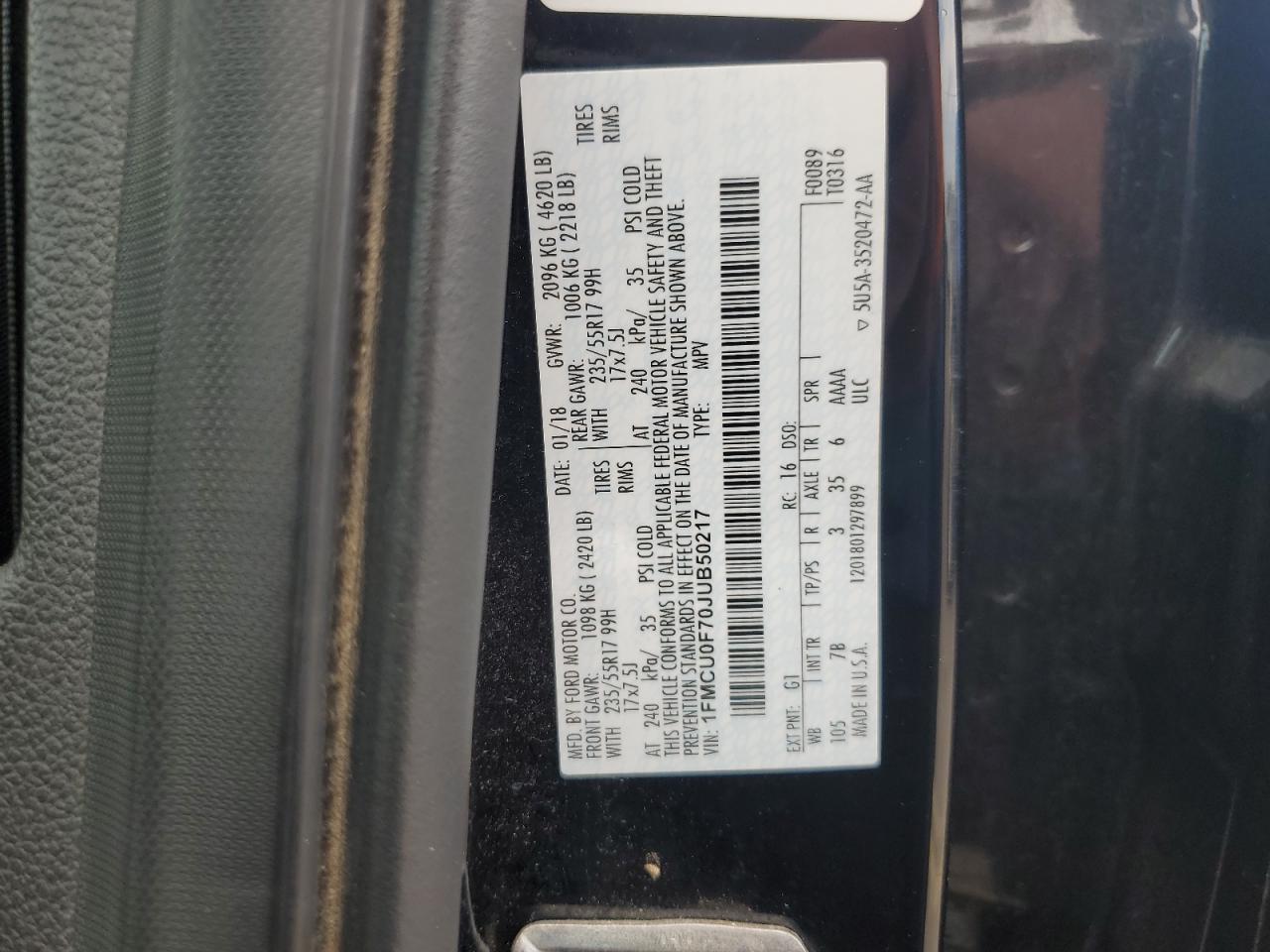 1FMCU0F70JUB50217 FORD ESCAPE 2018