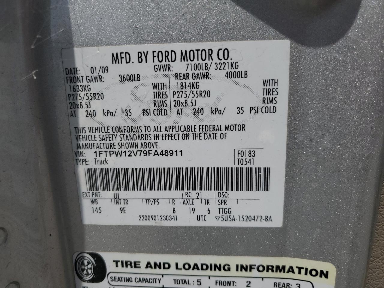 1FTPW12V79FA48911 2009 Ford F150 Supercrew