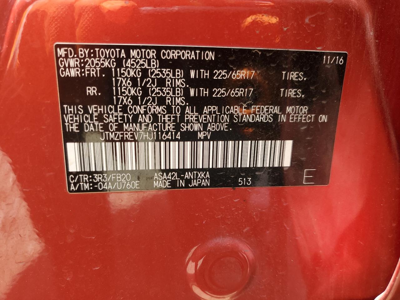 JTMZFREV7HJ116414 2017 Toyota Rav4 Le