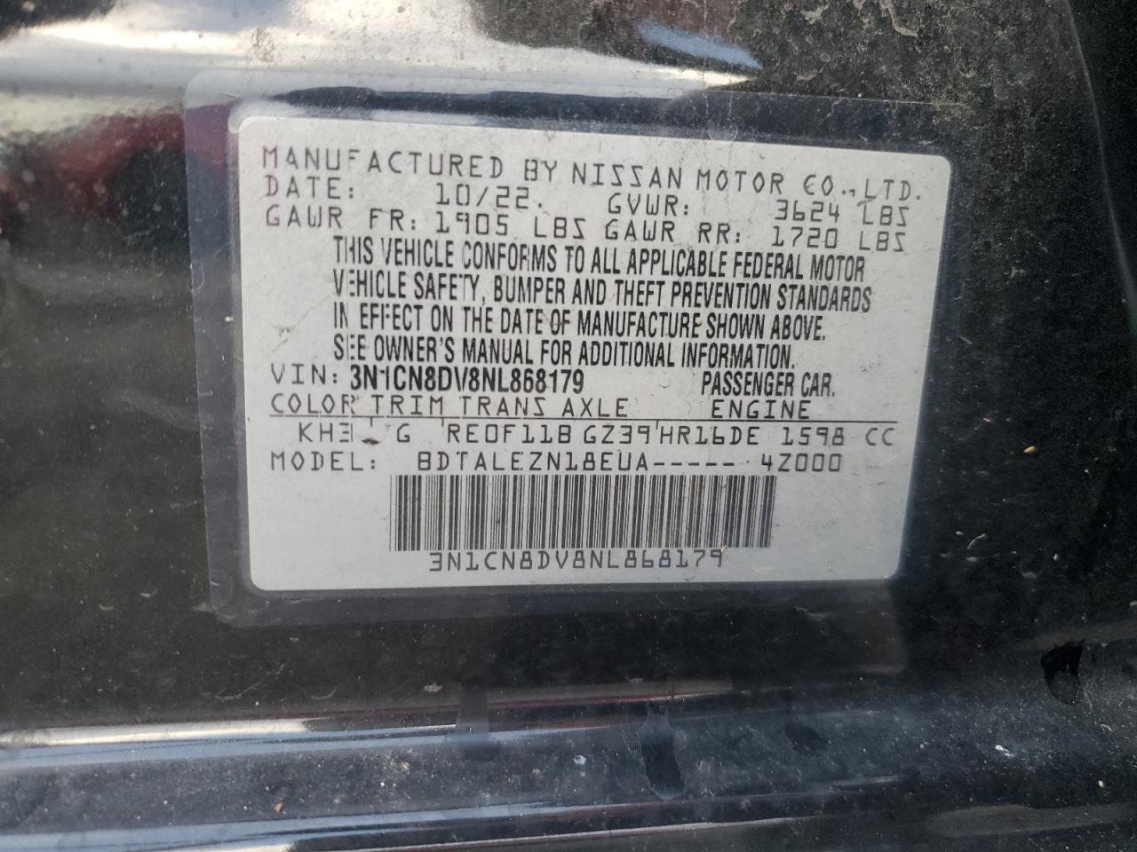 3N1CN8DV8NL868179 2022 Nissan Versa S