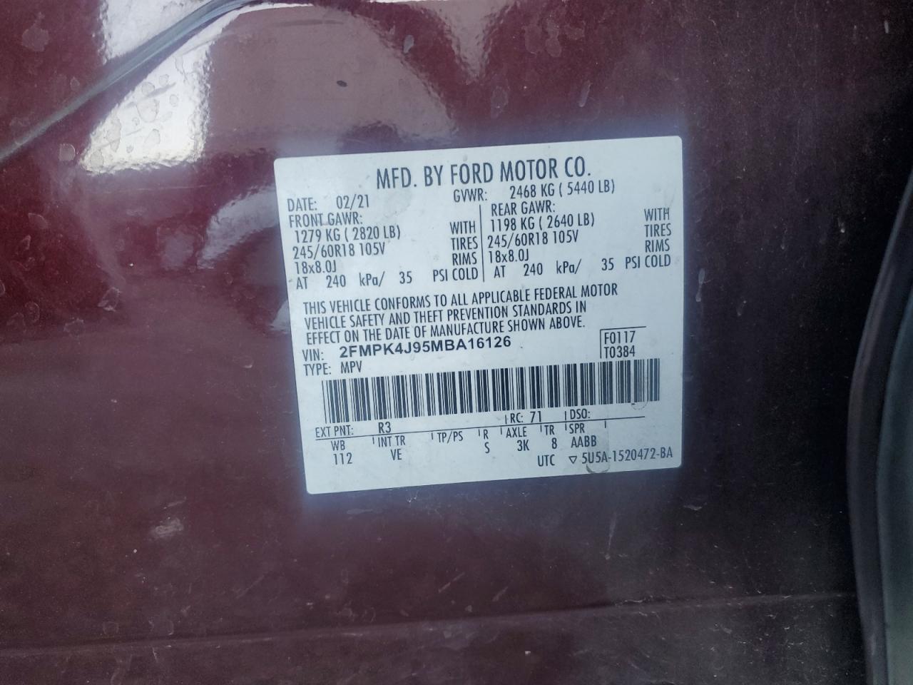 2FMPK4J95MBA16126 FORD EDGE 2021
