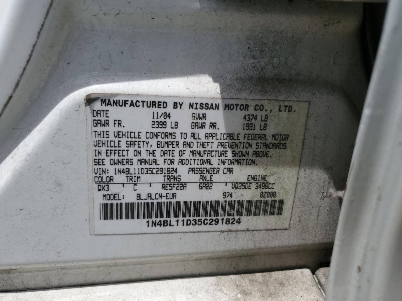 1N4BL11D35C291824 2005 Nissan Altima Se