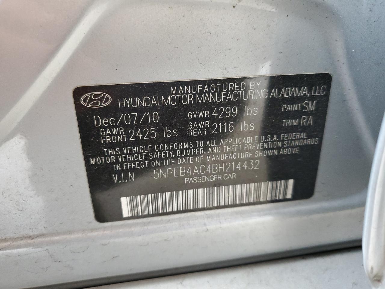 5NPEB4AC4BH214432 2011 Hyundai Sonata Gls