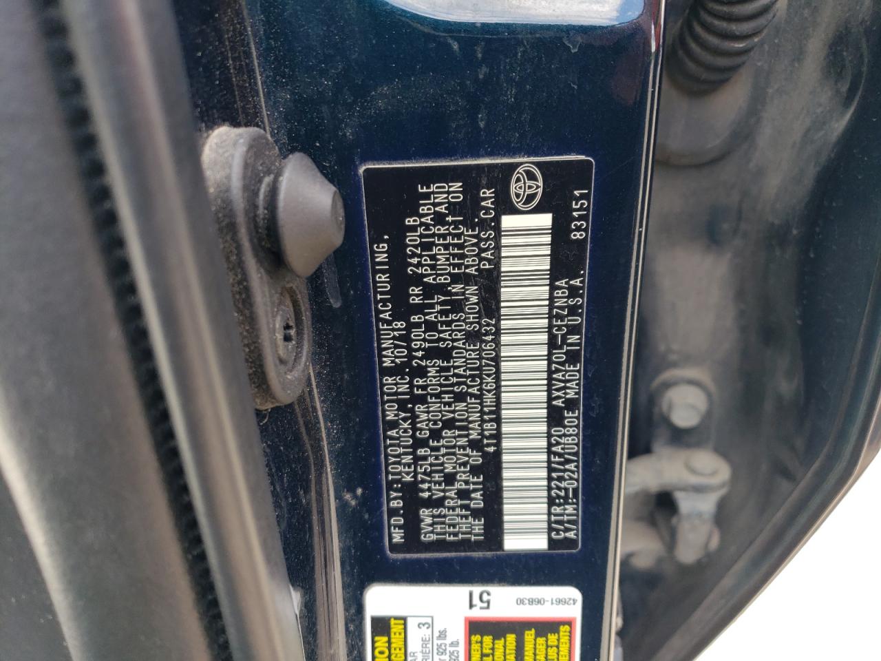 4T1B11HK6KU706432 TOYOTA CAMRY 2019
