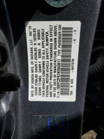 2019 Honda Civic Lx VIN: 19XFC2F67KE043611 Lot: 57736784