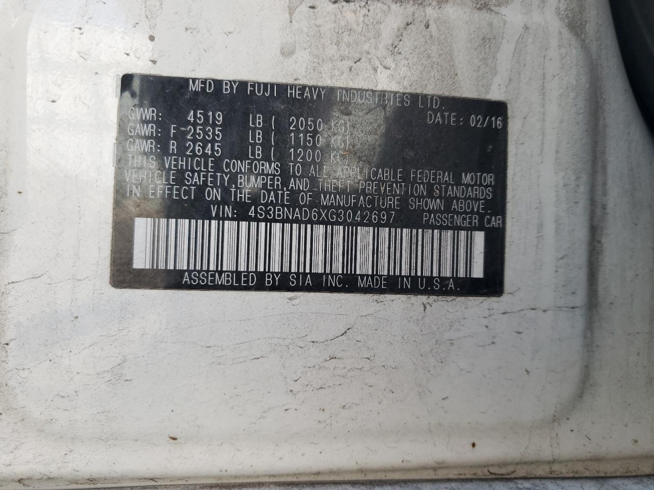 4S3BNAD6XG3042697 2016 Subaru Legacy 2.5I Premium