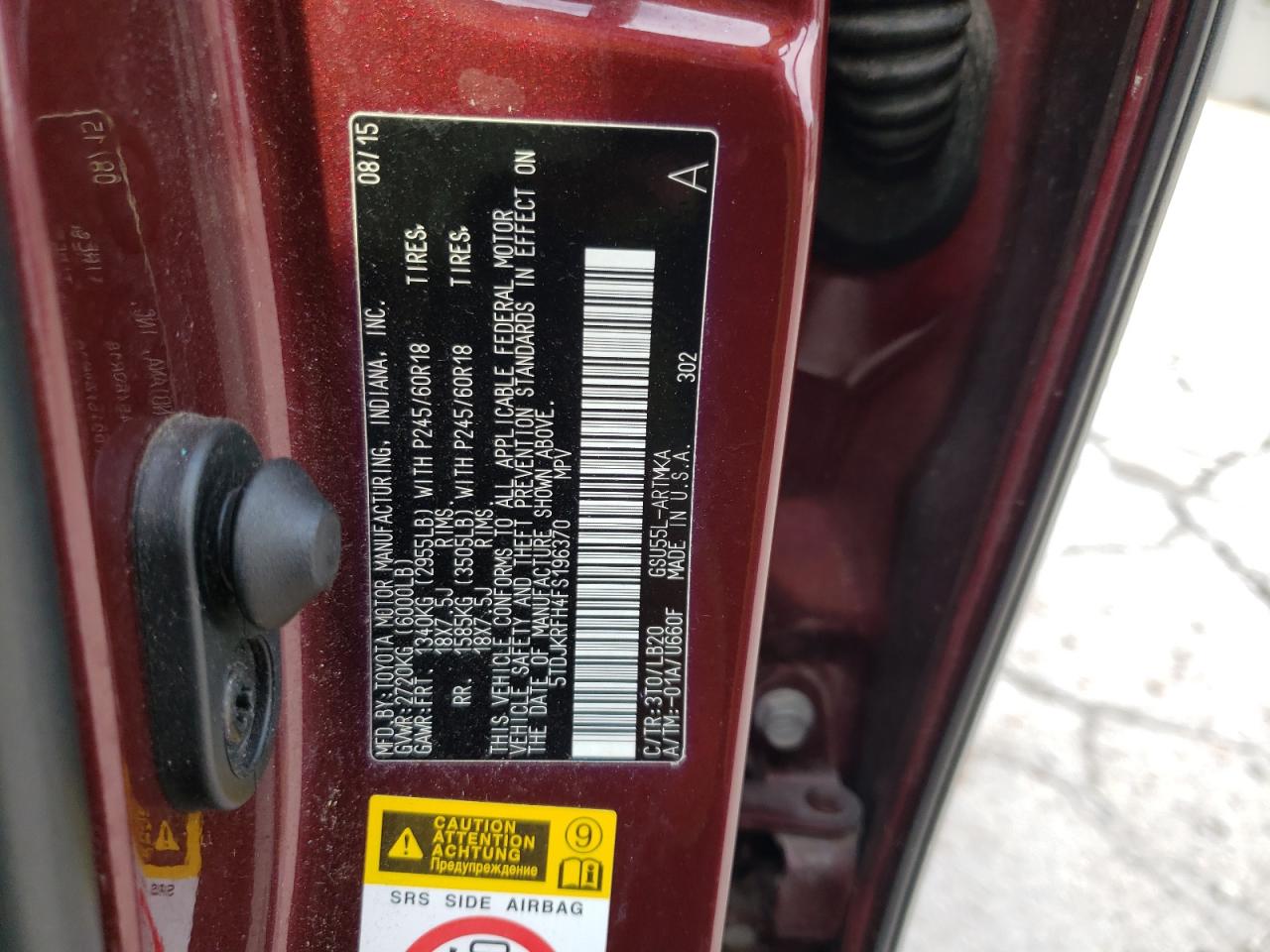 5TDJKRFH4FS196370 2015 Toyota Highlander Xle