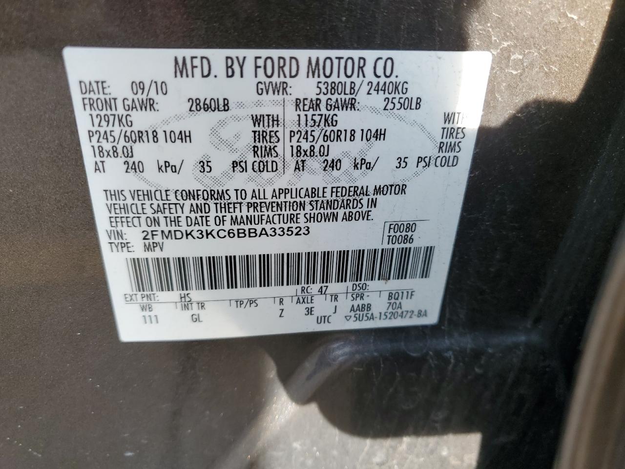 2FMDK3KC6BBA33523 2011 Ford Edge Limited