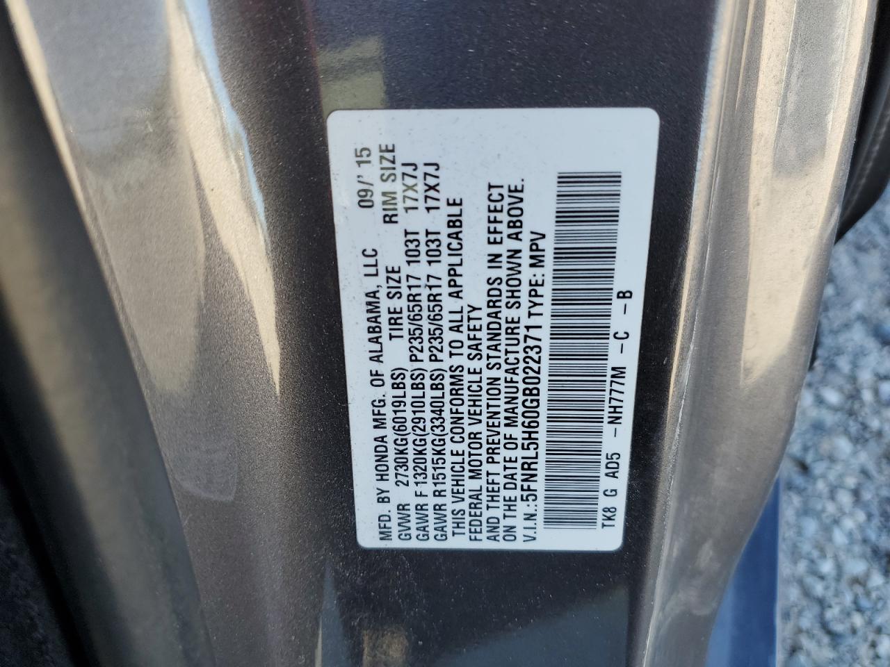 5FNRL5H60GB022371 2016 Honda Odyssey Exl