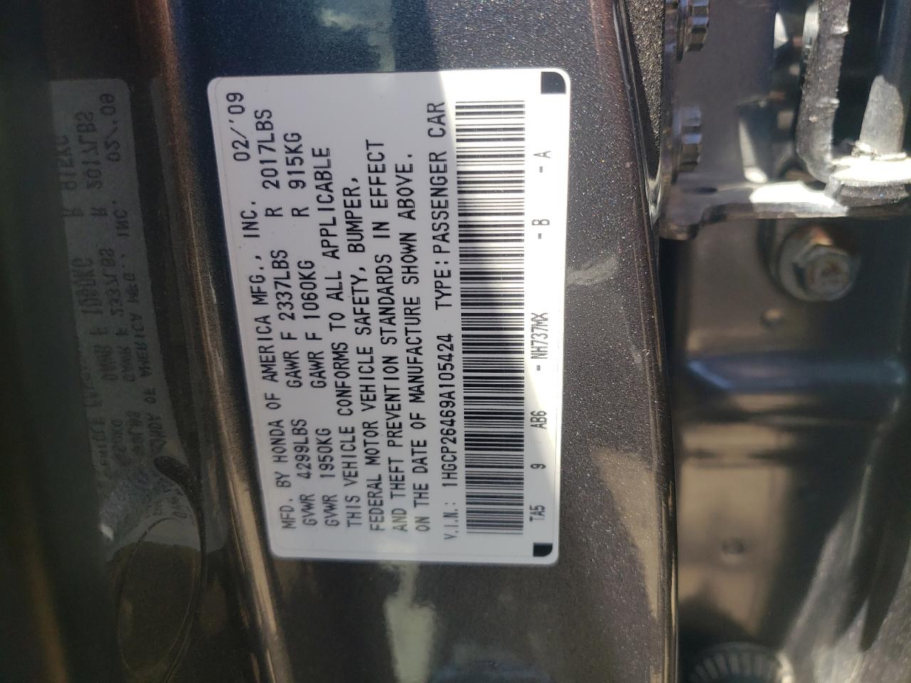 1HGCP26469A105424 2009 Honda Accord Lxp