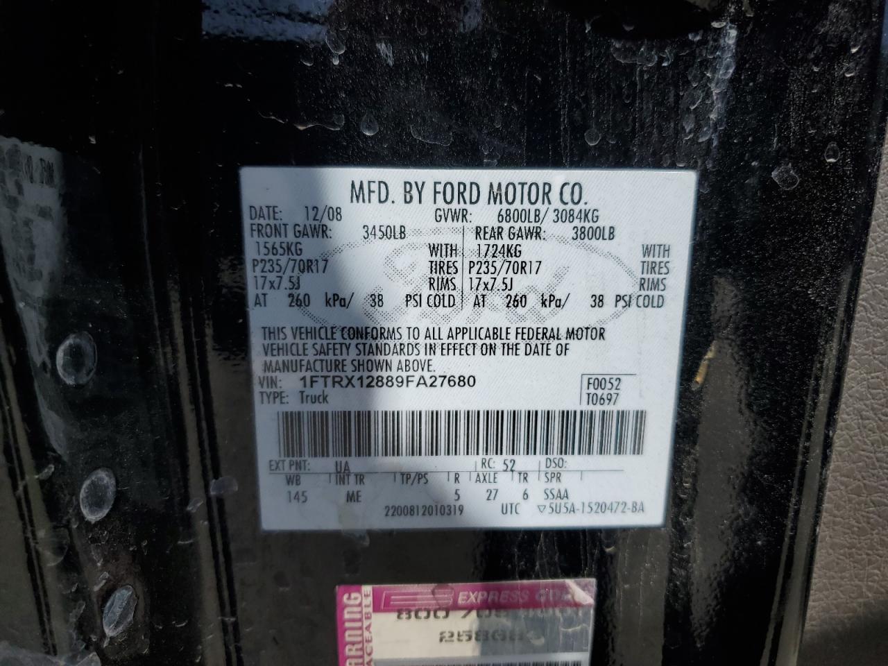 1FTRX12889FA27680 2009 Ford F150 Super Cab