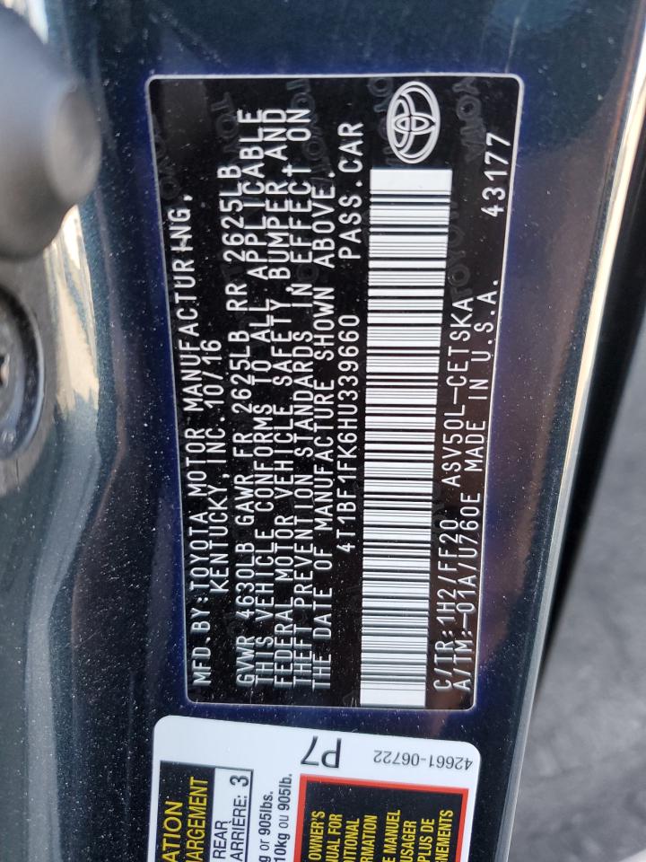 4T1BF1FK6HU339660 TOYOTA CAMRY 2017