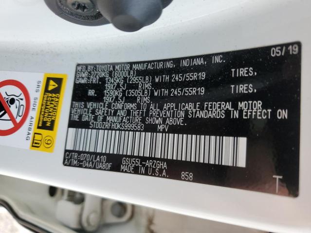 2019 Toyota Highlander Limited VIN: 5TDDZRFH0KS999583 Lot: 59927494