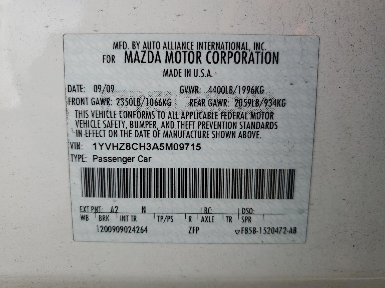 1YVHZ8CH3A5M09715 2010 Mazda 6 I