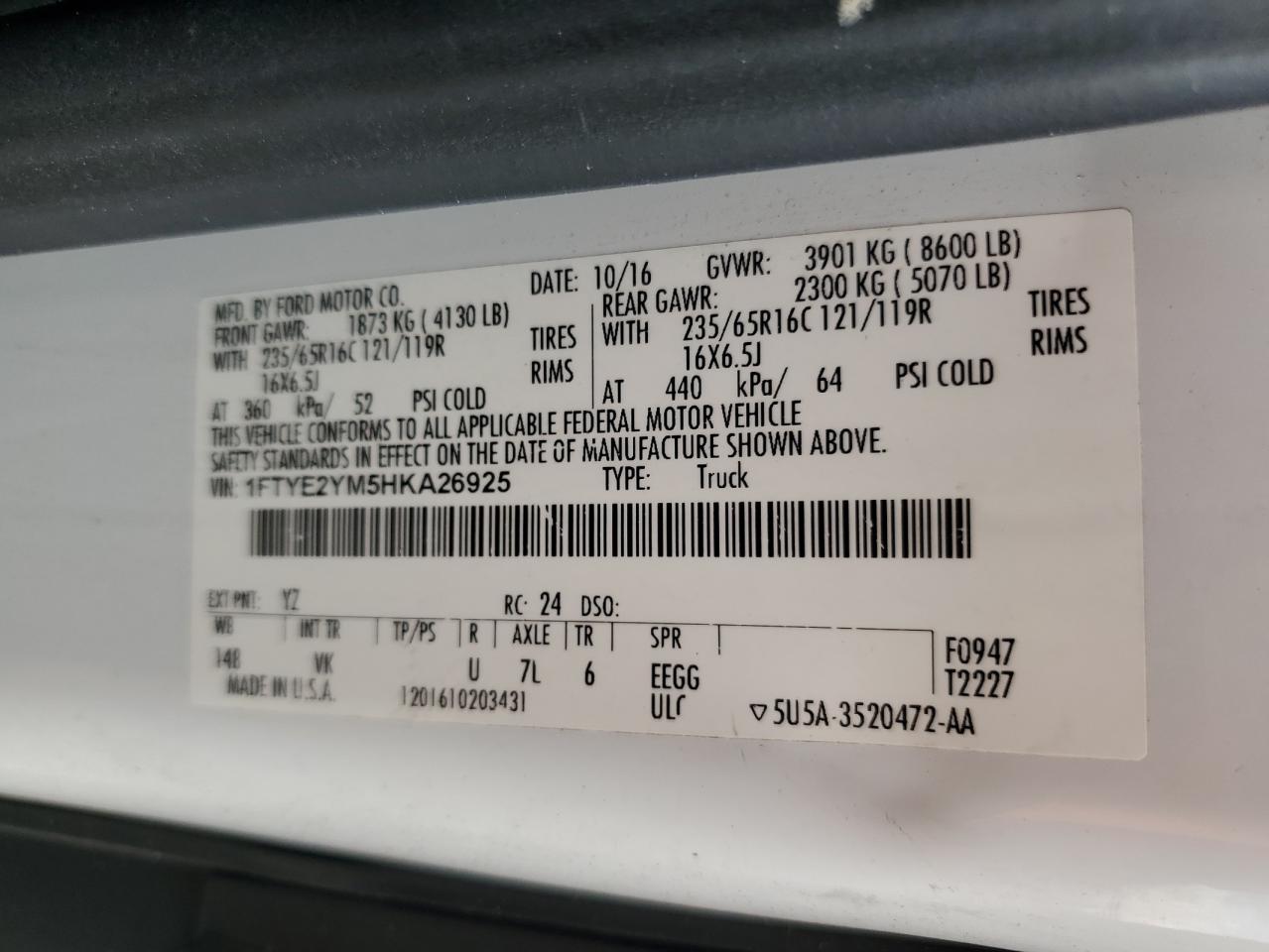 1FTYE2YM5HKA26925 FORD TRANSIT 2017