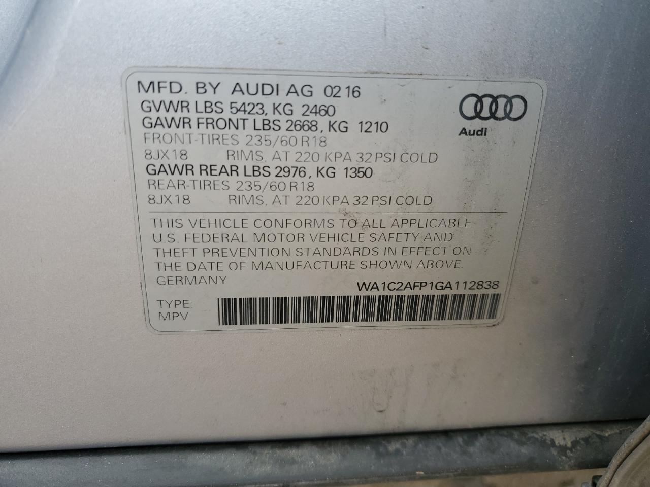 WA1C2AFP1GA112838 2016 Audi Q5 Premium