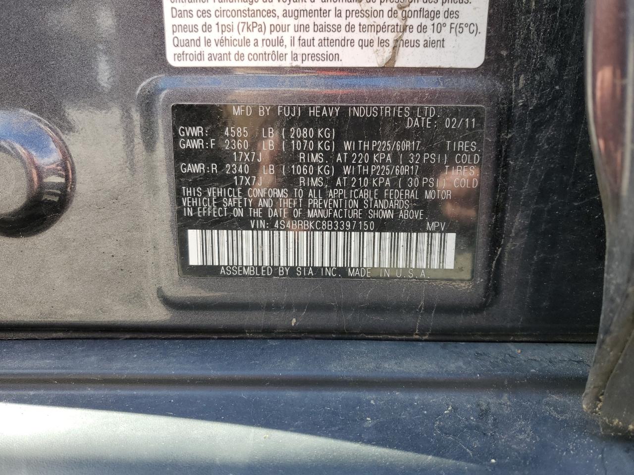 4S4BRBKC8B3397150 2011 Subaru Outback 2.5I Limited