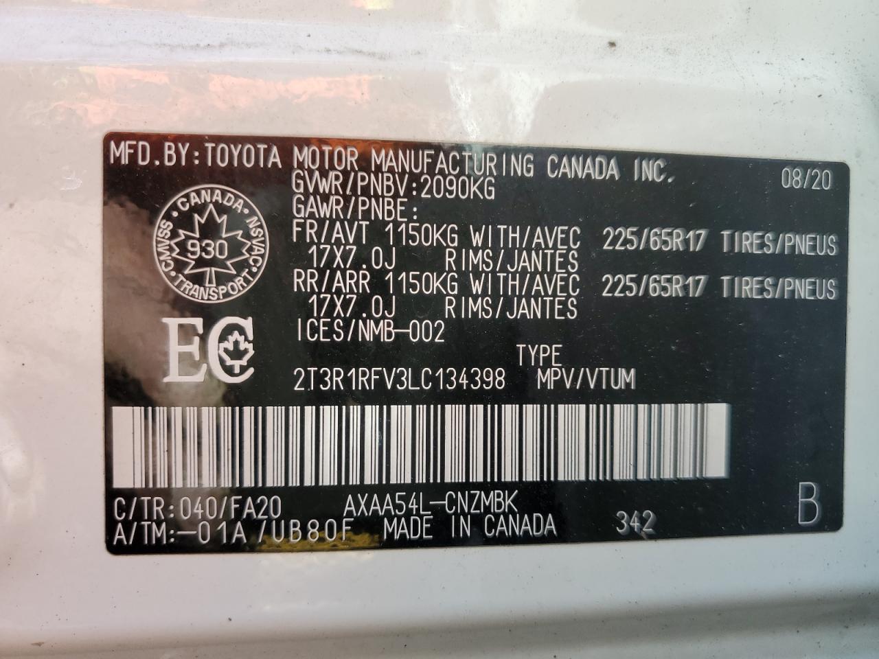 2T3R1RFV3LC134398 TOYOTA RAV4 2020