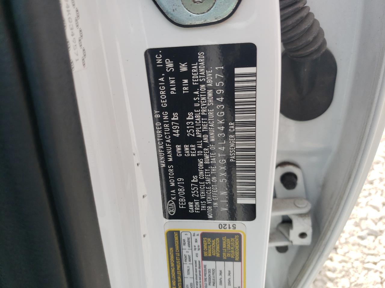 5XXGT4L34KG349571 2019 Kia Optima Lx