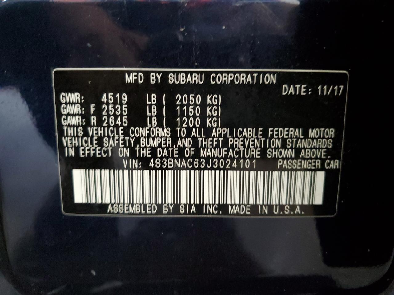 4S3BNAC63J3024101 2018 Subaru Legacy 2.5I Premium