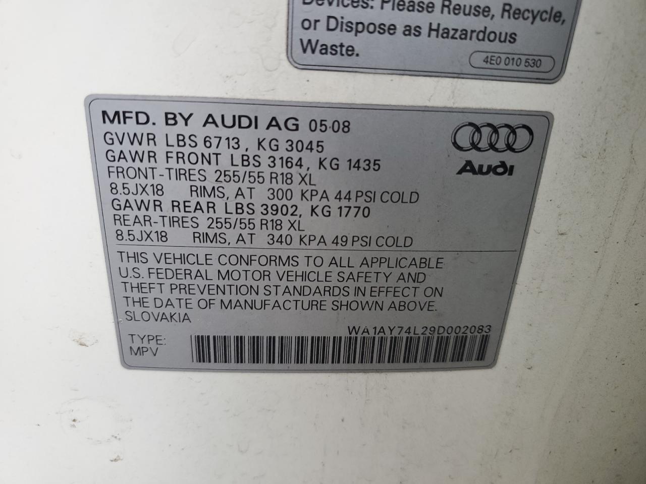 WA1AY74L29D002083 2009 Audi Q7 3.6 Quattro