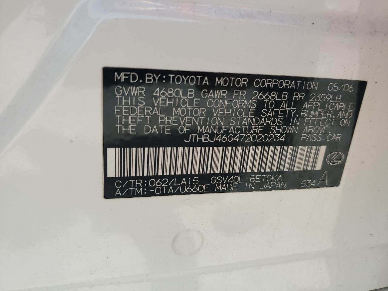 JTHBJ46G472020234 2007 Lexus Es 350