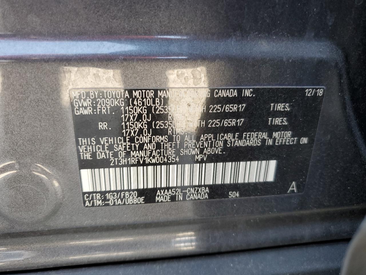 2T3H1RFV1KW004354 TOYOTA RAV4 2019