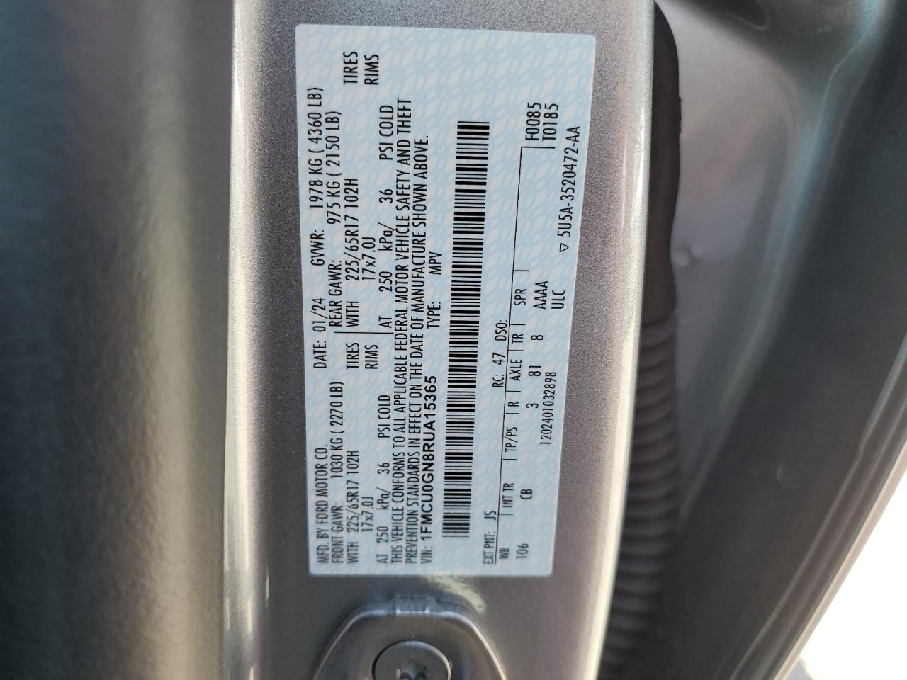1FMCU0GN8RUA15365 FORD ESCAPE ACT 2024