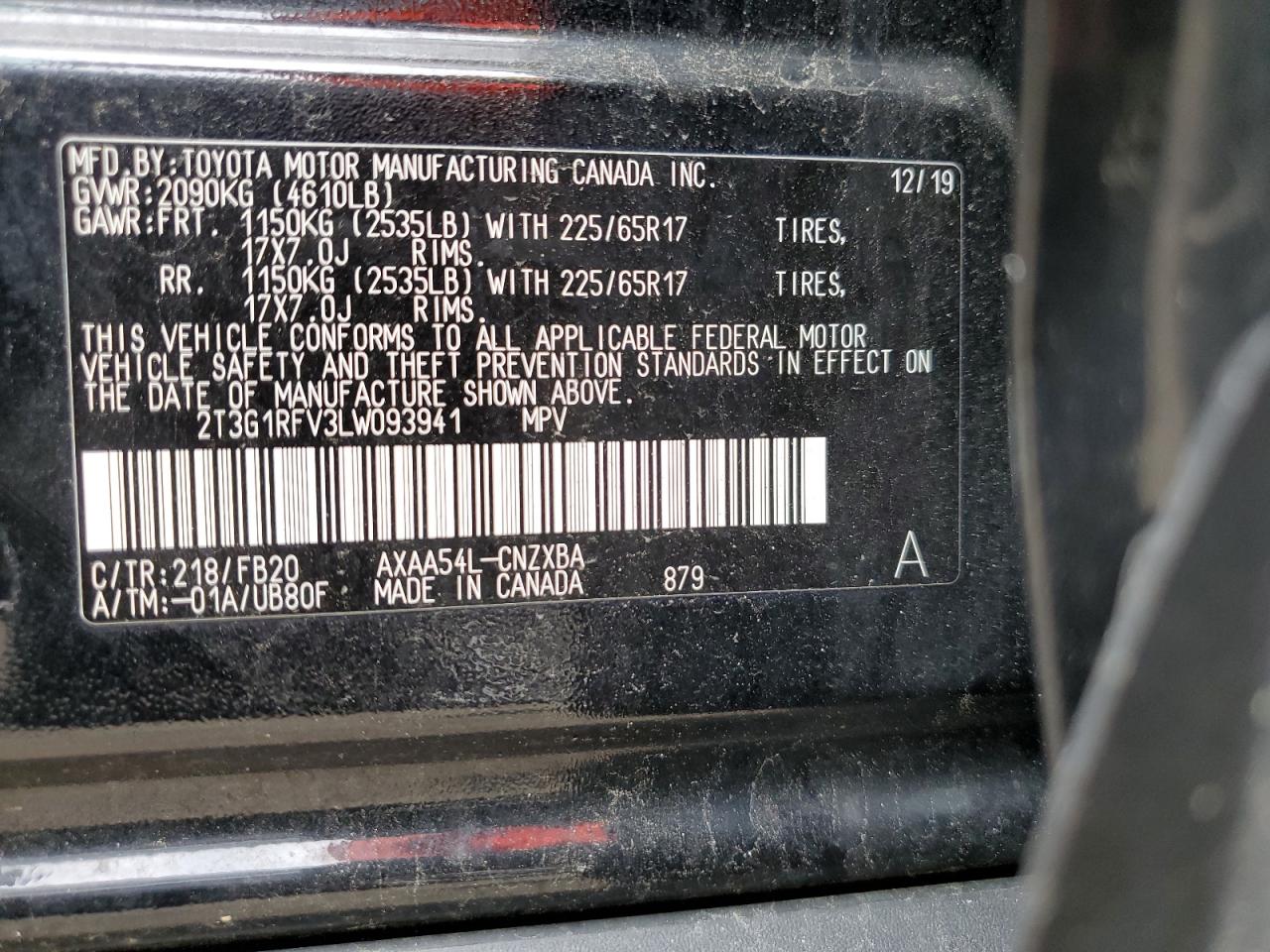 2T3G1RFV3LW093941 2020 Toyota Rav4 Le