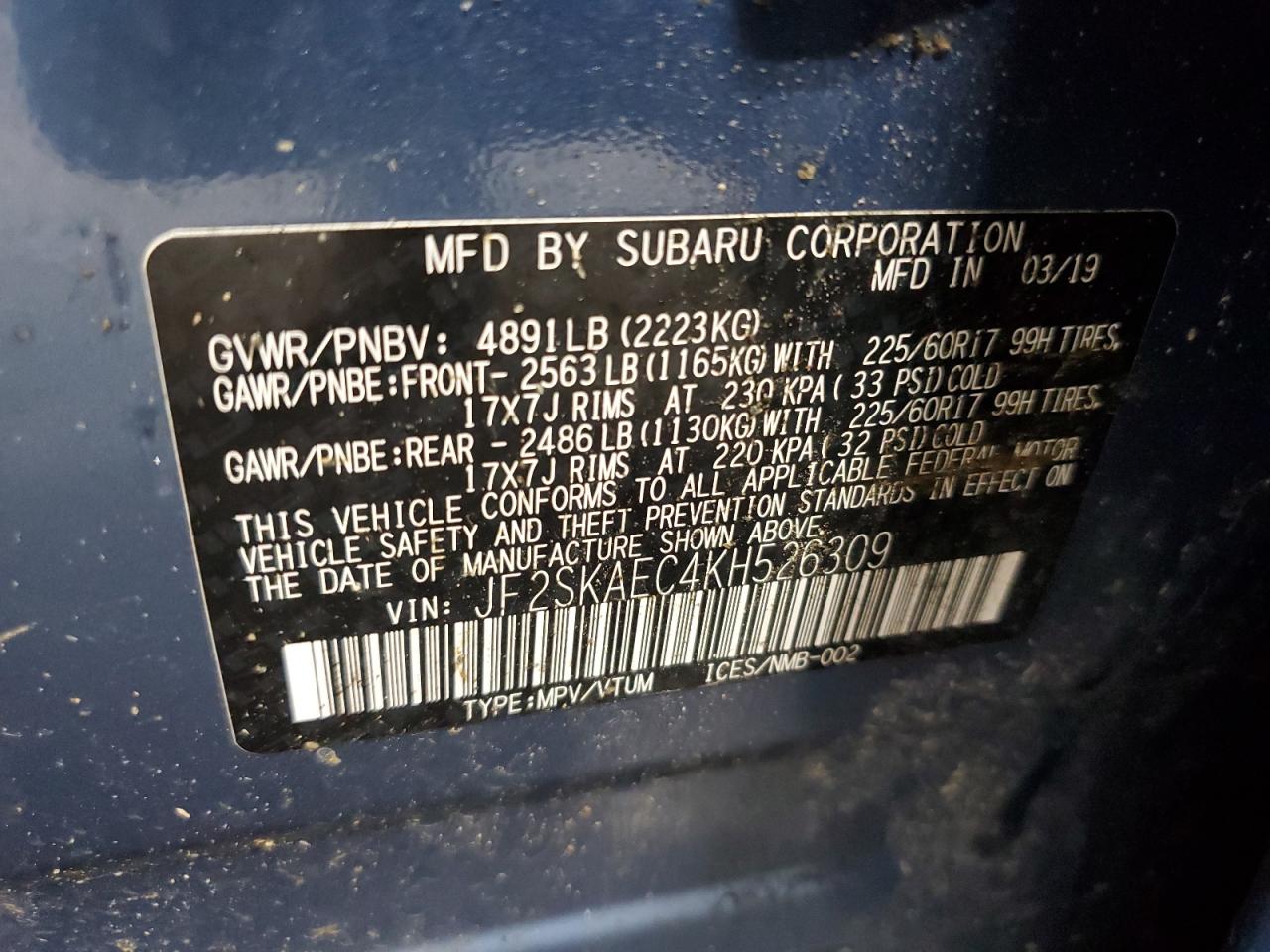 JF2SKAEC4KH526309 2019 Subaru Forester Premium