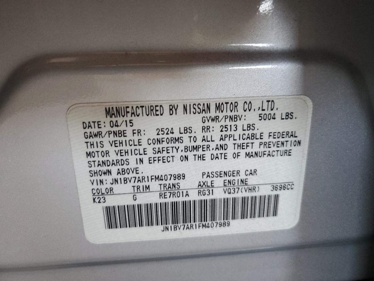 JN1BV7AR1FM407989 2015 Infiniti Q50 Base