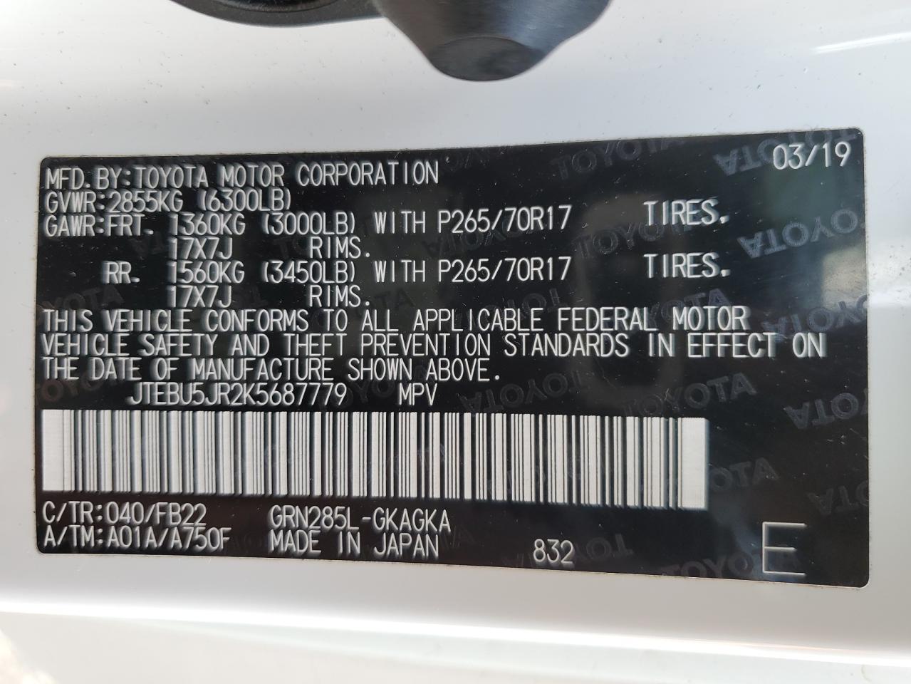 JTEBU5JR2K5687779 2019 Toyota 4Runner Sr5