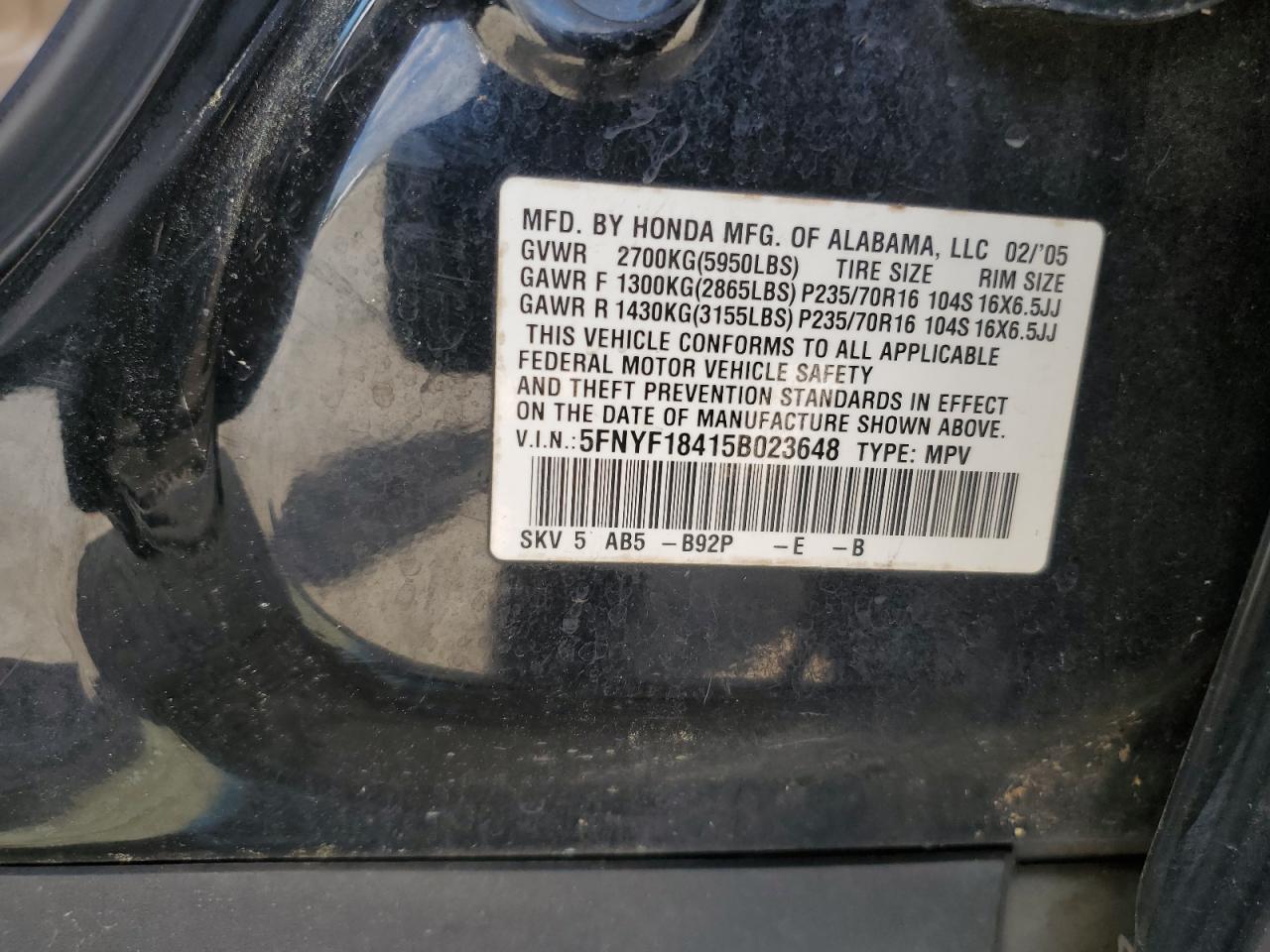 5FNYF18415B023648 2005 Honda Pilot Ex