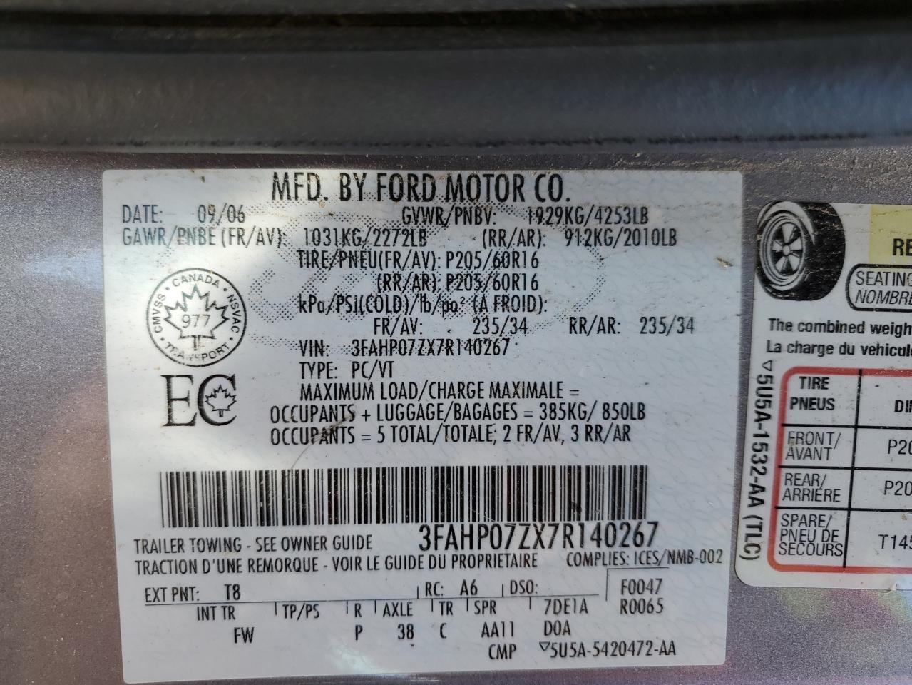 3FAHP07ZX7R140267 2007 Ford Fusion Se