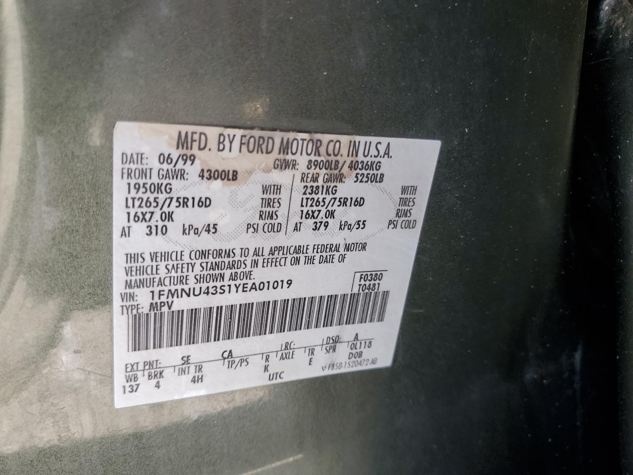 1FMNU43S1YEA01019 2000 Ford Excursion Limited