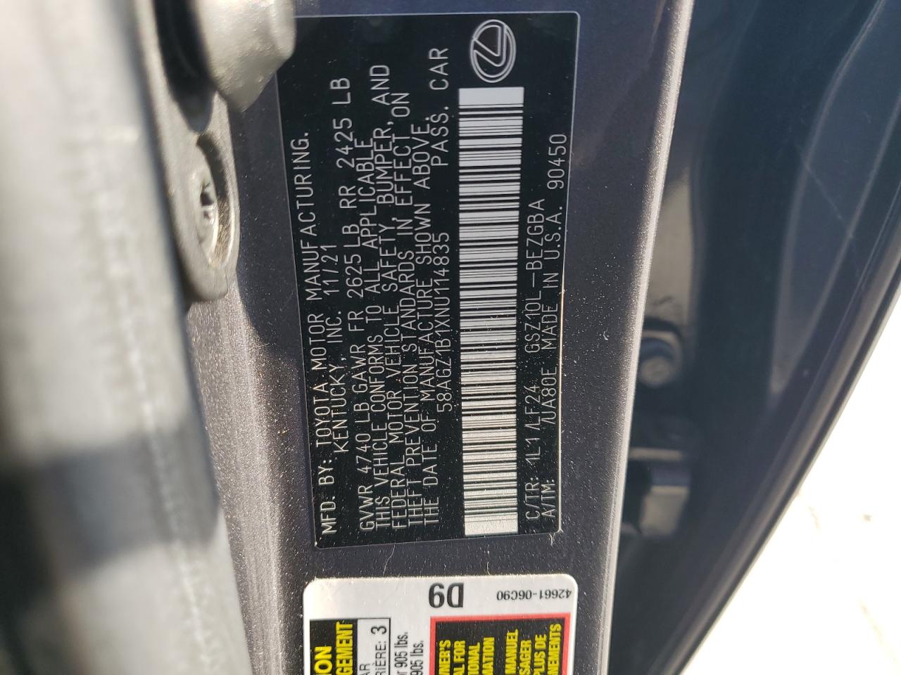 58AGZ1B1XNU114835 2022 Lexus Es 350 Base