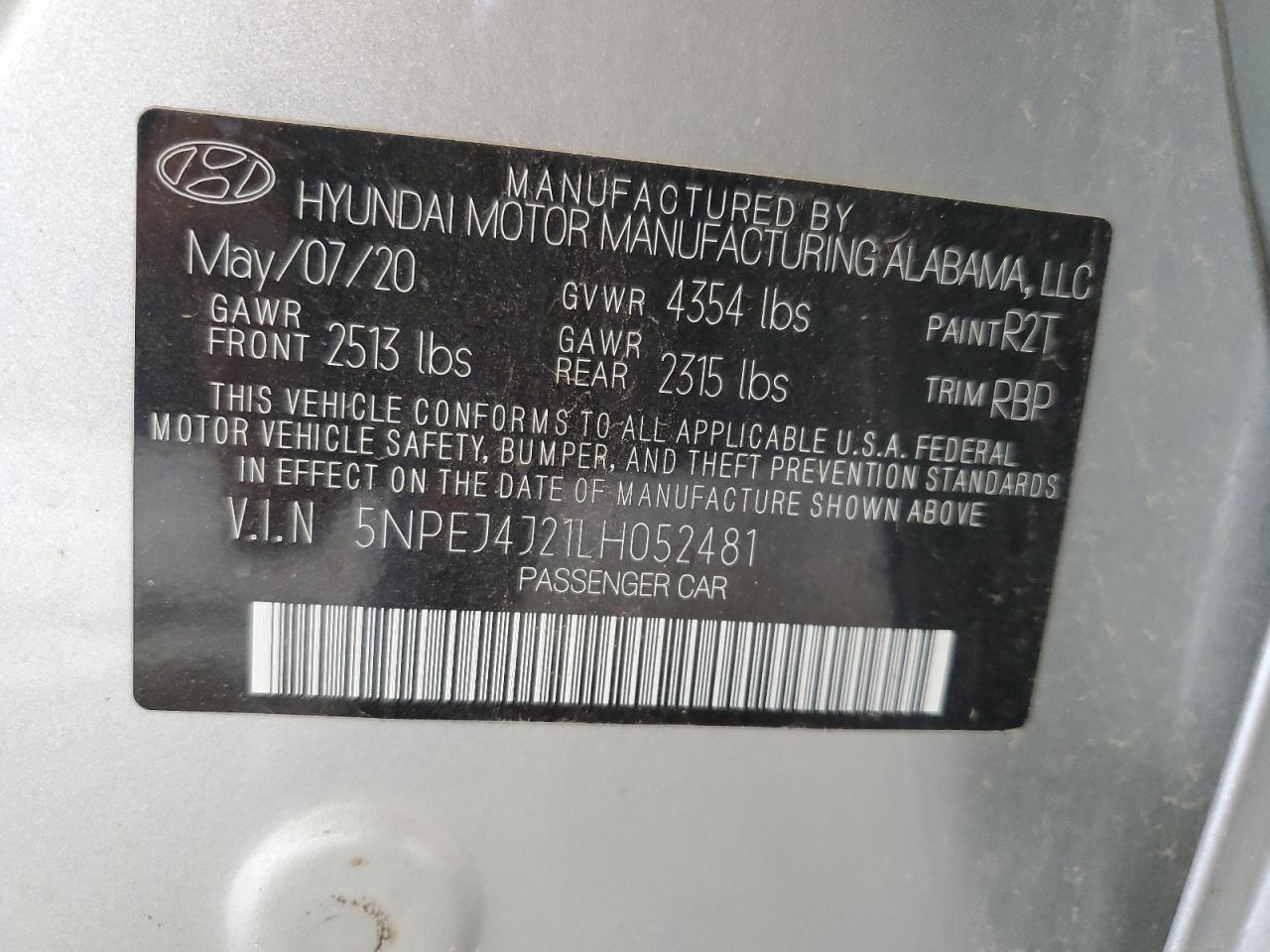 5NPEJ4J21LH052481 2020 Hyundai Sonata Sel Plus