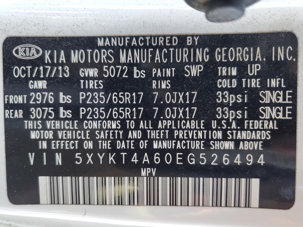 5XYKT4A60EG526494 2014 Kia Sorento Lx