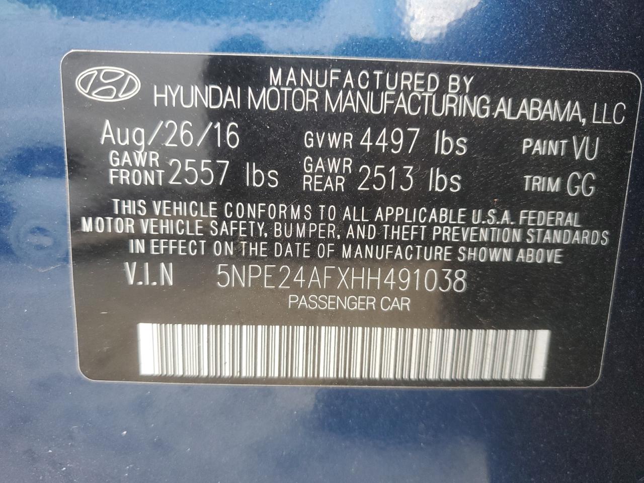 5NPE24AFXHH491038 2017 Hyundai Sonata Se