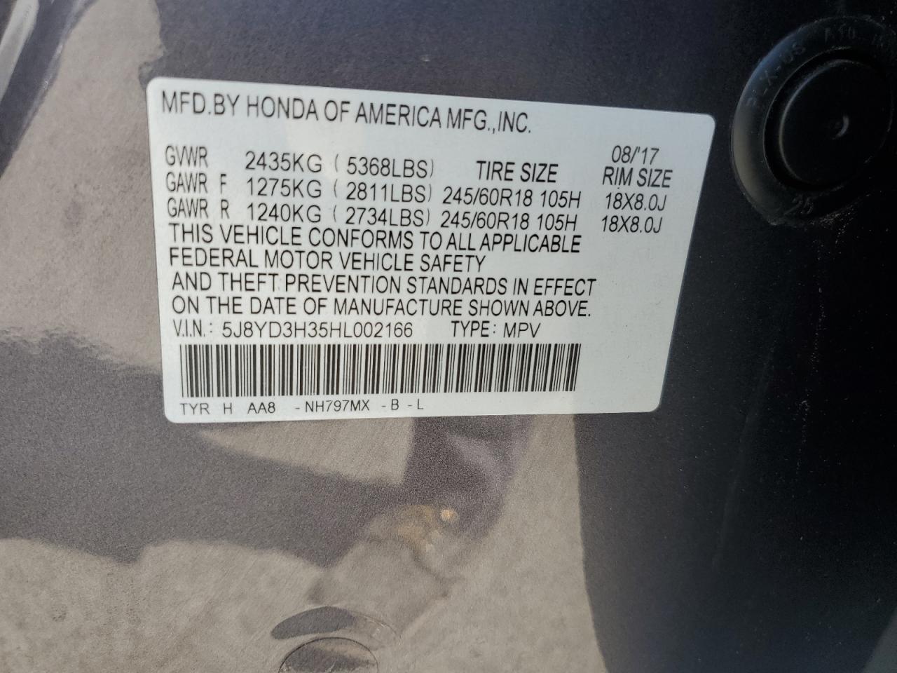 5J8YD3H35HL002166 2017 Acura Mdx