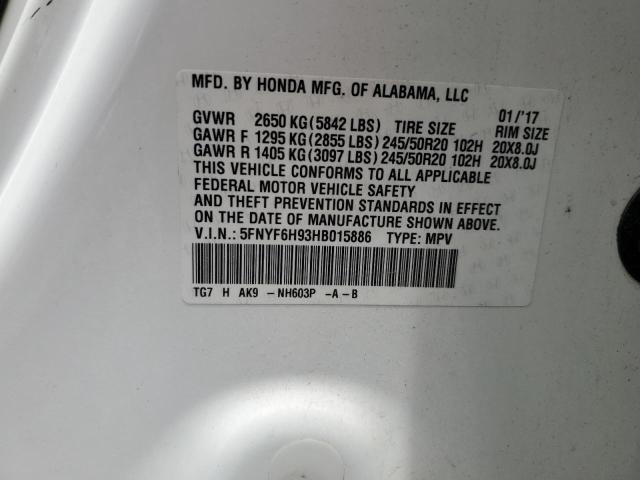 2017 Honda Pilot Touring VIN: 5FNYF6H93HB015886 Lot: 59530154