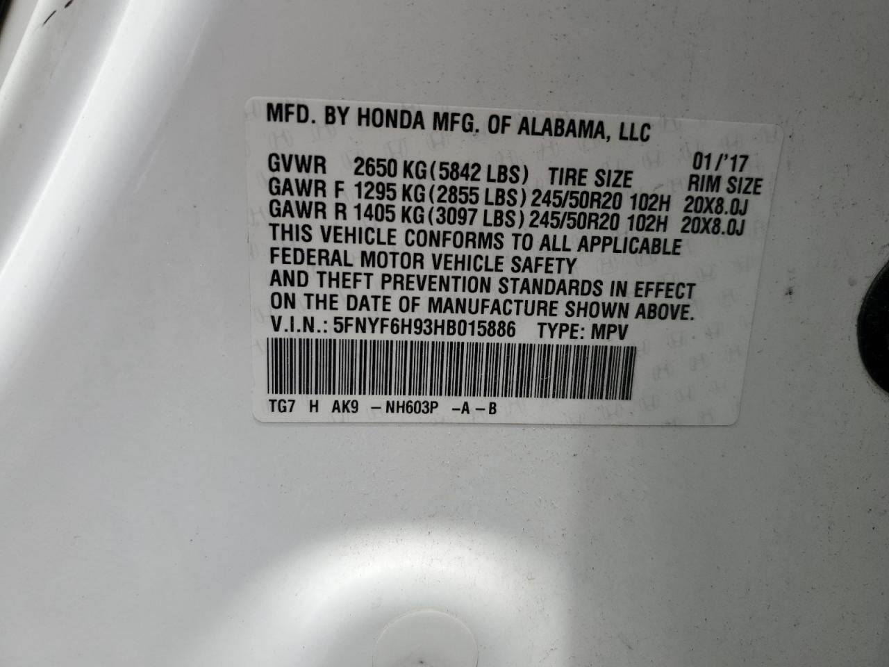 5FNYF6H93HB015886 2017 Honda Pilot Touring