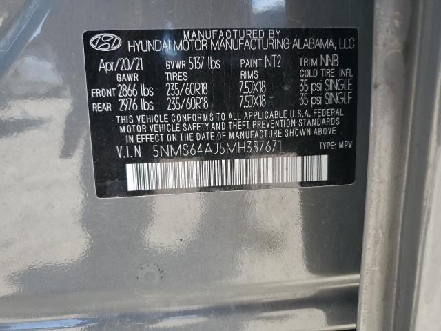 2021 Hyundai Santa Fe Sel VIN: 5NMS64AJ5MH357671 Lot: 58264234