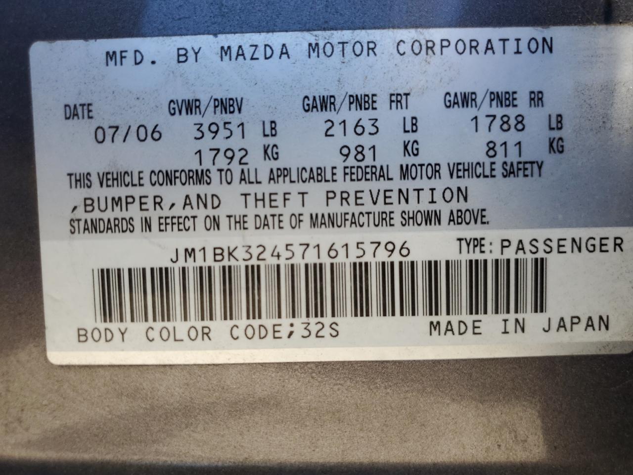 JM1BK324571615796 2007 Mazda 3 S