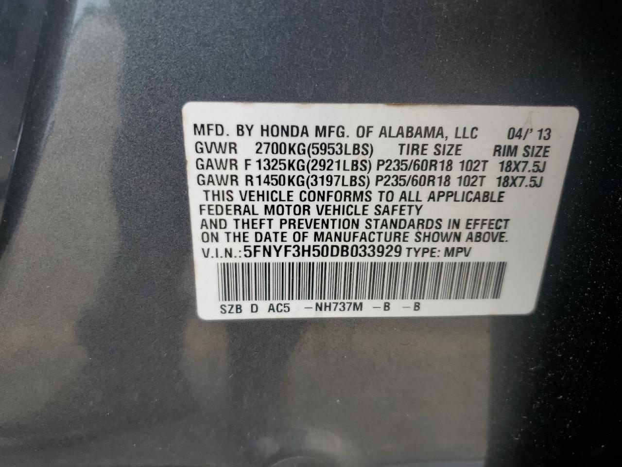 5FNYF3H50DB033929 2013 Honda Pilot Exl