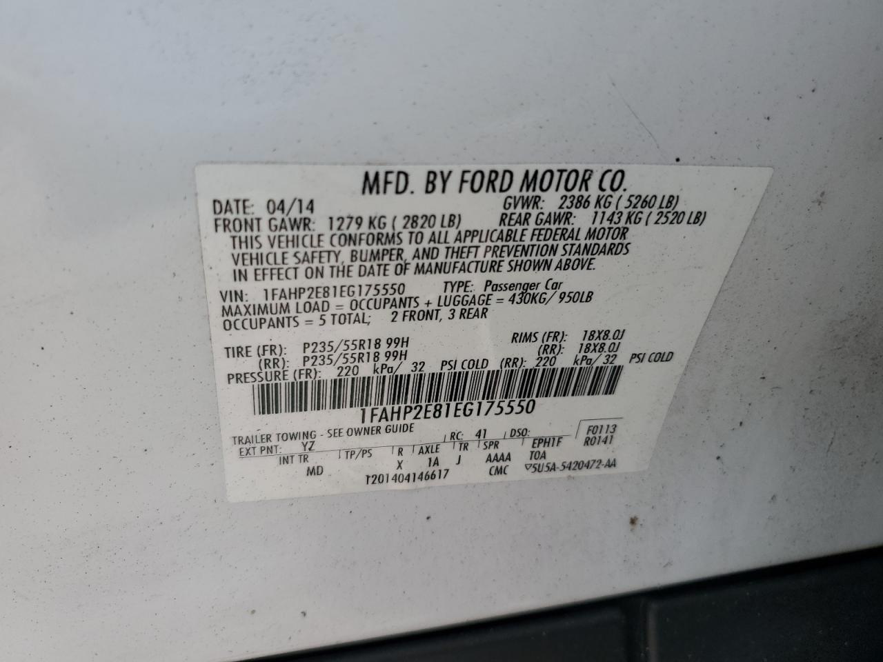 1FAHP2E81EG175550 2014 Ford Taurus Sel